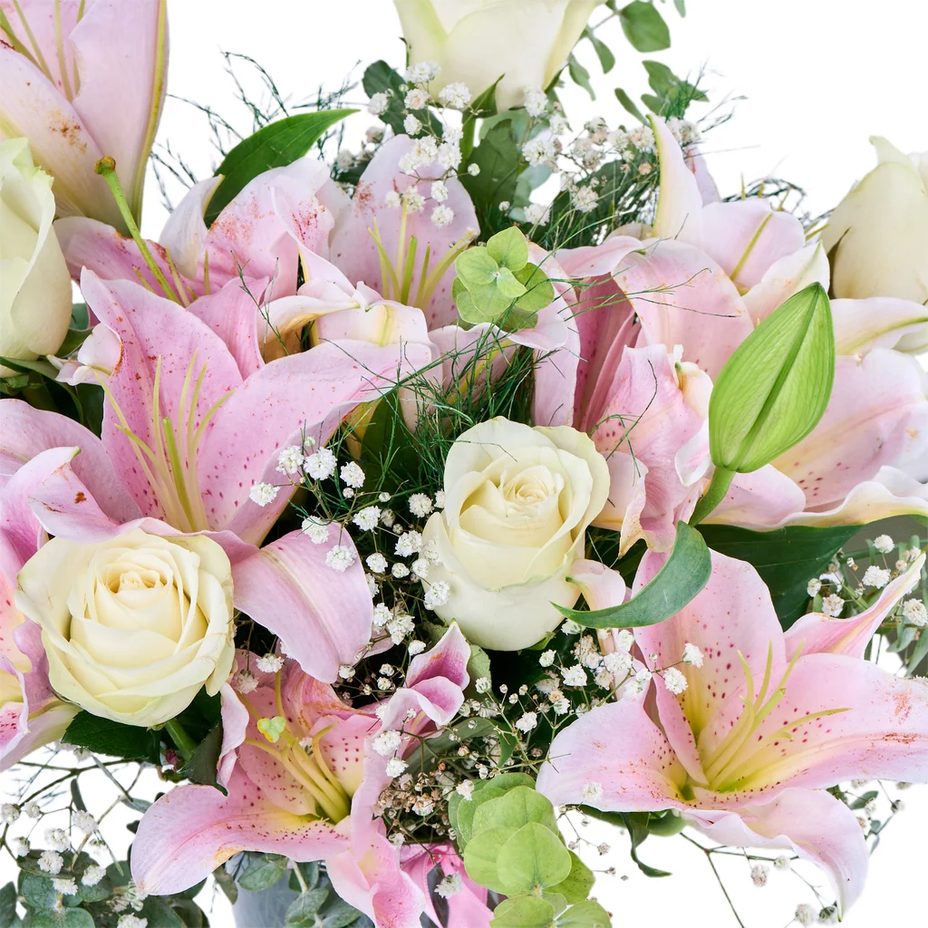 Vazoda Pembe Lilyum ve Beyaz Gül - 2