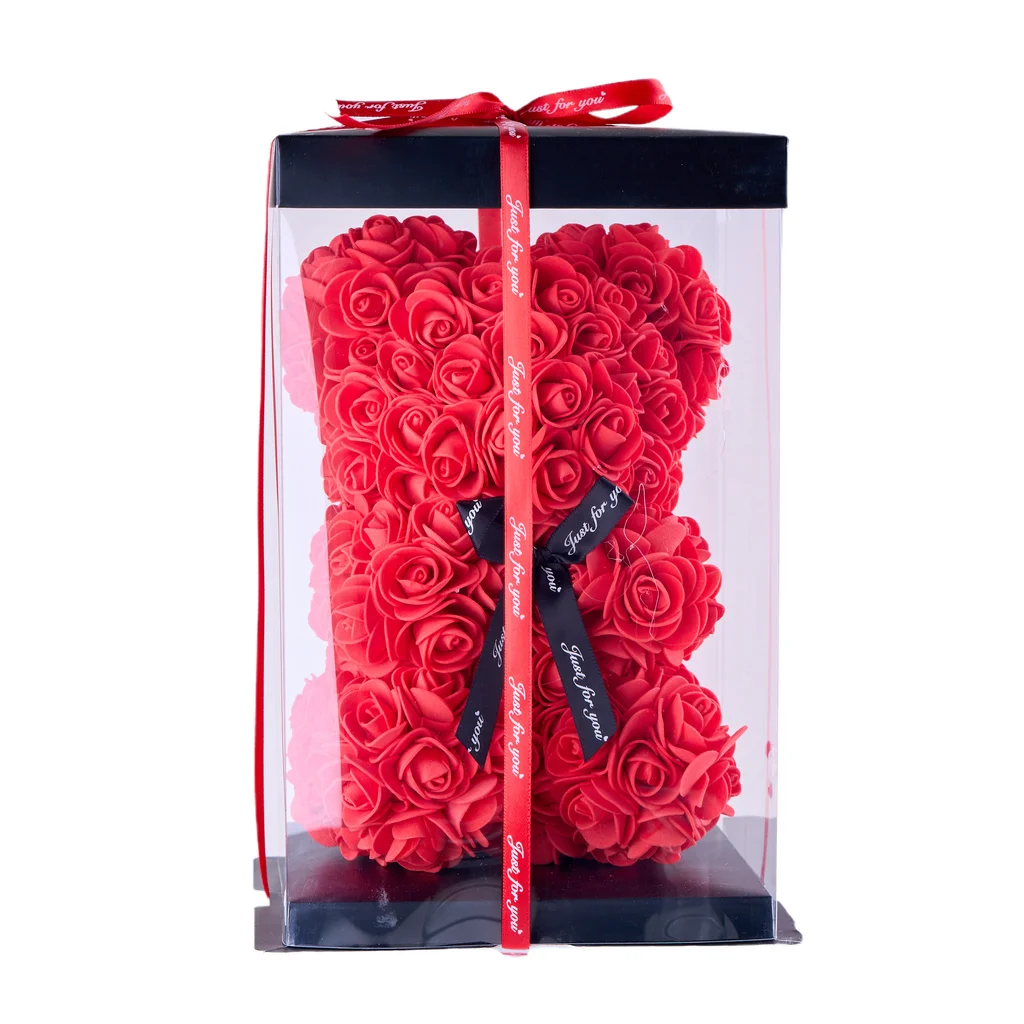 Kırmızı Yapay Gül Desenli Kutulu Ayıcık