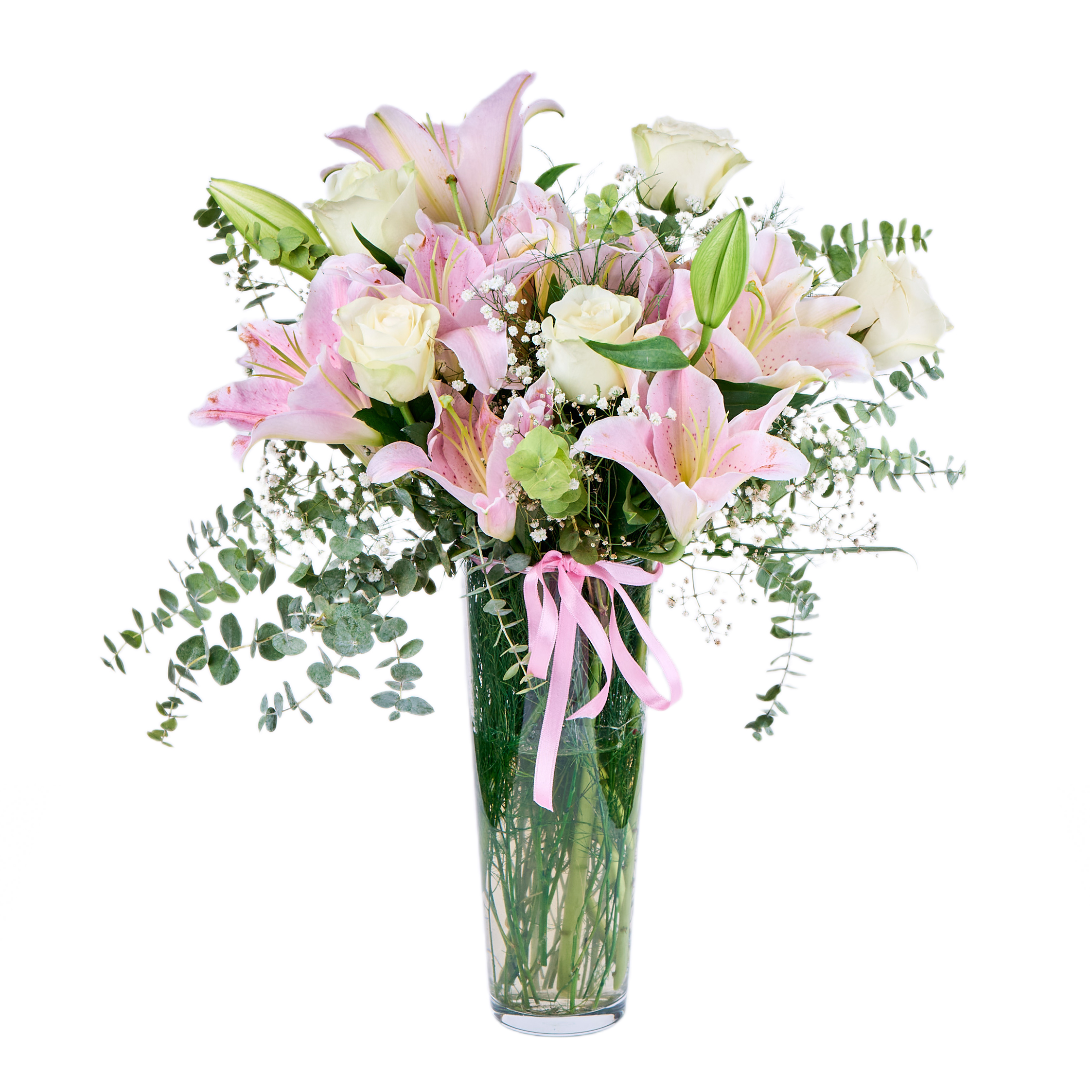 Vazoda Pembe Lilyum ve Beyaz Gül - 7