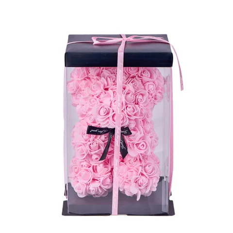 Pembe Yapay Gül Desenli Kutulu Ayıcık