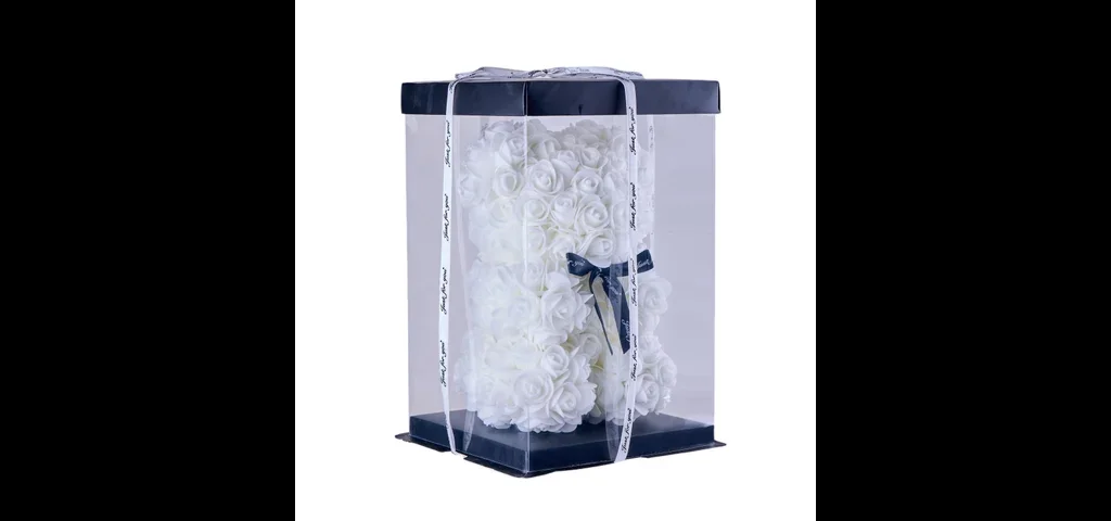 Beyaz Yapay Gül Desenli Kutulu Ayıcık