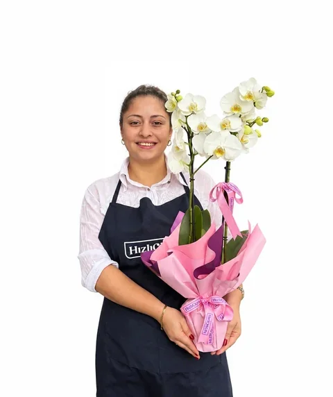 Pembe Ambalajlı Çift Dal Beyaz Orkide Aranjmanı